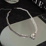 Pearl Diamond Love Asymmetric Necklace Women Jewelry