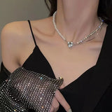 Pearl Diamond Love Asymmetric Necklace Women Jewelry