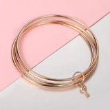 Triple Layered Bangle 585 Rose Bells Key Charm Pendant Bracelet Jewelry Gift
