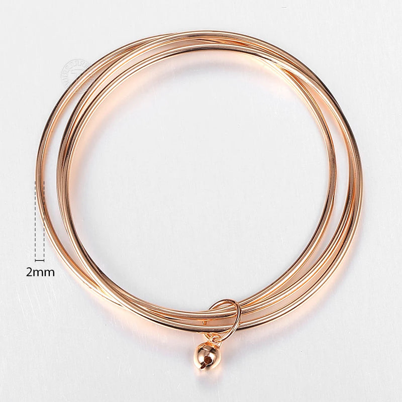 Triple Layered Bangle 585 Rose Bells Key Charm Pendant Bracelet Jewelry Gift