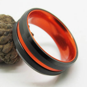 Beveled Tungsten Ring with Orange-Aluminum Inlay