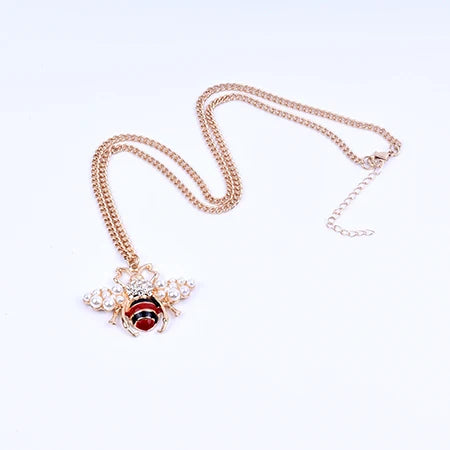 Women Bee Pearl Crystal Necklace Alloy Chain Jewelry