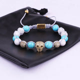 Women Bracelet CZ Micro Pave Skull Charm Natural Stone Woven Bracelet
