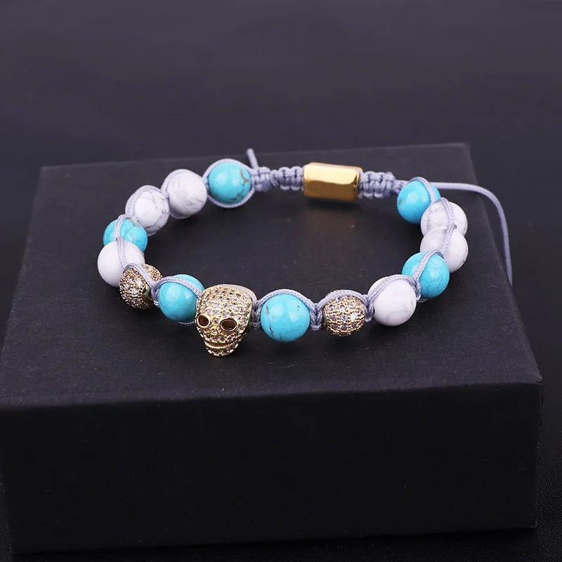 Women Bracelet CZ Micro Pave Skull Charm Natural Stone Woven Bracelet