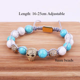 Women Bracelet CZ Micro Pave Skull Charm Natural Stone Woven Bracelet