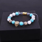 Women Bracelet CZ Micro Pave Skull Charm Natural Stone Woven Bracelet