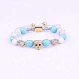 Women Bracelet CZ Micro Pave Skull Charm Natural Stone Woven Bracelet