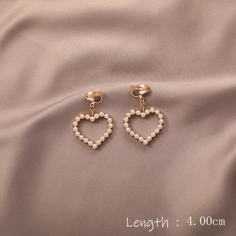 Geometric Pearl Long Clip-on Earrings for Women Party