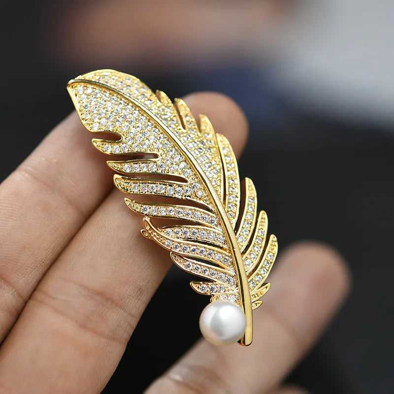 Women Freshwater Pearl Brooch Feather Pin Jewelry