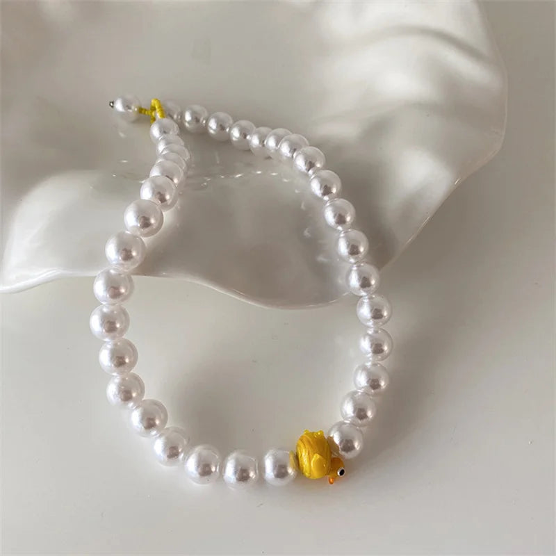 Yellow Duck Ladybug Pearl Necklace Women Girls Party Jewelry