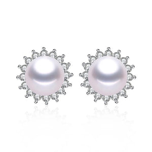 Zircon Freshwater Pearl Stud Earrings Flower Wedding Jewelry
