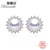 Zircon Freshwater Pearl Stud Earrings Flower Wedding Jewelry