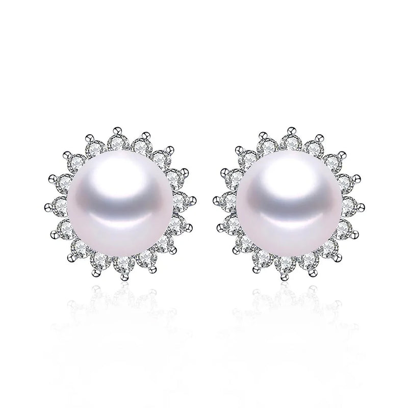 Zircon Freshwater Pearl Stud Earrings Flower Wedding Jewelry