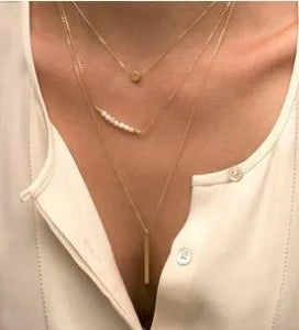 Double Chain Pearl Beads Choker Collar Necklace Multilayer Pendant