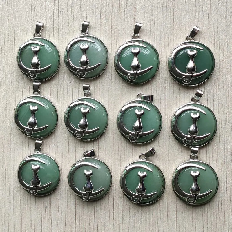 Green Aventurine Moon Cat Charms Pendant for Jewelry Making 12pcs/lot