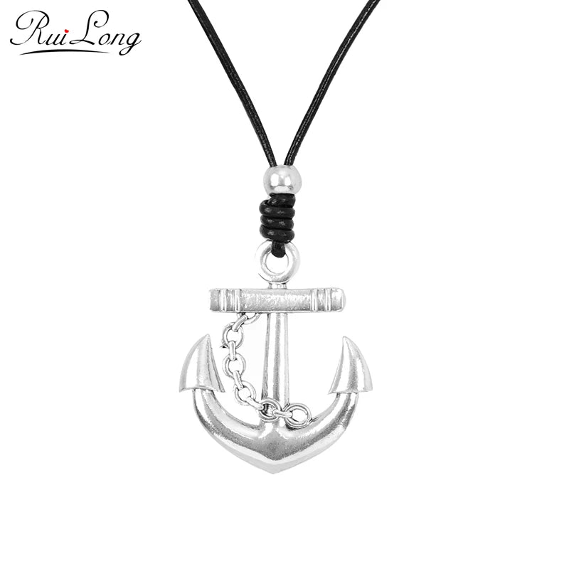 Vintage Anchor Pendant Leather Chain Necklace for Men and Women