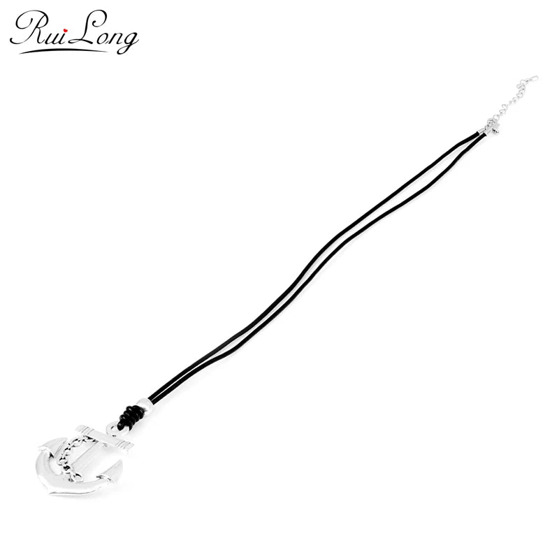 Vintage Anchor Pendant Leather Chain Necklace for Men and Women