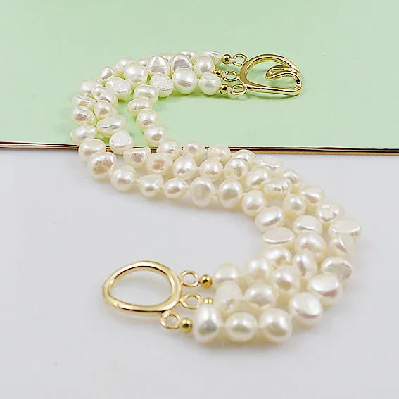 3Row Baroque Freshwater Pearl Bracelet Plated Chain Buckle