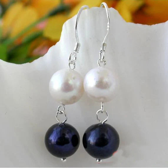10mm Round Freshwater Pearl Silver Dangle Earrings