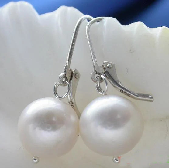 Pearl Silver Dangle Earrings 12mm Round Freshwater Pearl Fine Jewelry Wedding