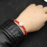 Real S990 Silver Rose Flower Red Cord Bracelet 6.3inch