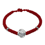Real S990 Silver Rose Flower Red Cord Bracelet 6.3inch