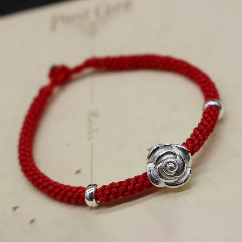 Real S990 Silver Rose Flower Red Cord Bracelet 6.3inch