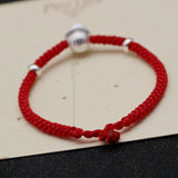 Real S990 Silver Rose Flower Red Cord Bracelet 6.3inch