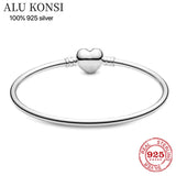 925 Sterling Silver Heart Snake Chain Charms Bangle for Women