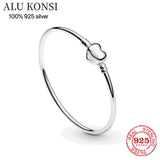 925 Sterling Silver Heart Snake Chain Charms Bangle for Women