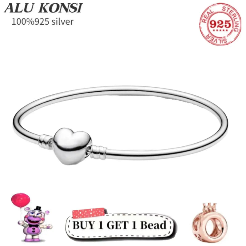 925 Sterling Silver Heart Snake Chain Charms Bangle for Women