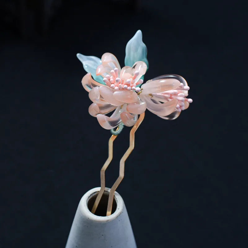 Antique Flower Crystal Hair Sticks Green Pink Hair Comb