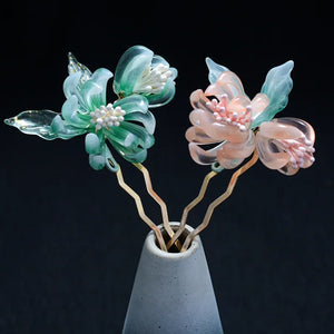 Antique Flower Crystal Hair Sticks Green Pink Hair Comb