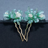 Antique Flower Crystal Hair Sticks Green Pink Hair Comb