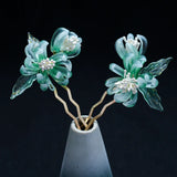 Antique Flower Crystal Hair Sticks Green Pink Hair Comb