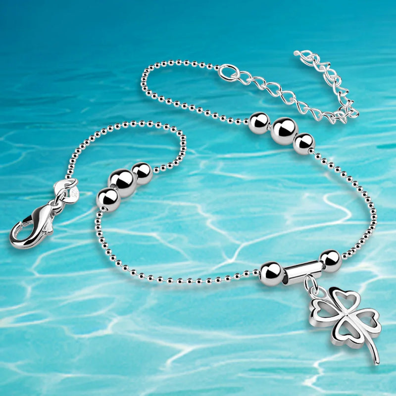 925 Sterling Silver Anklet Bracelet Chain with Leaves Pendant