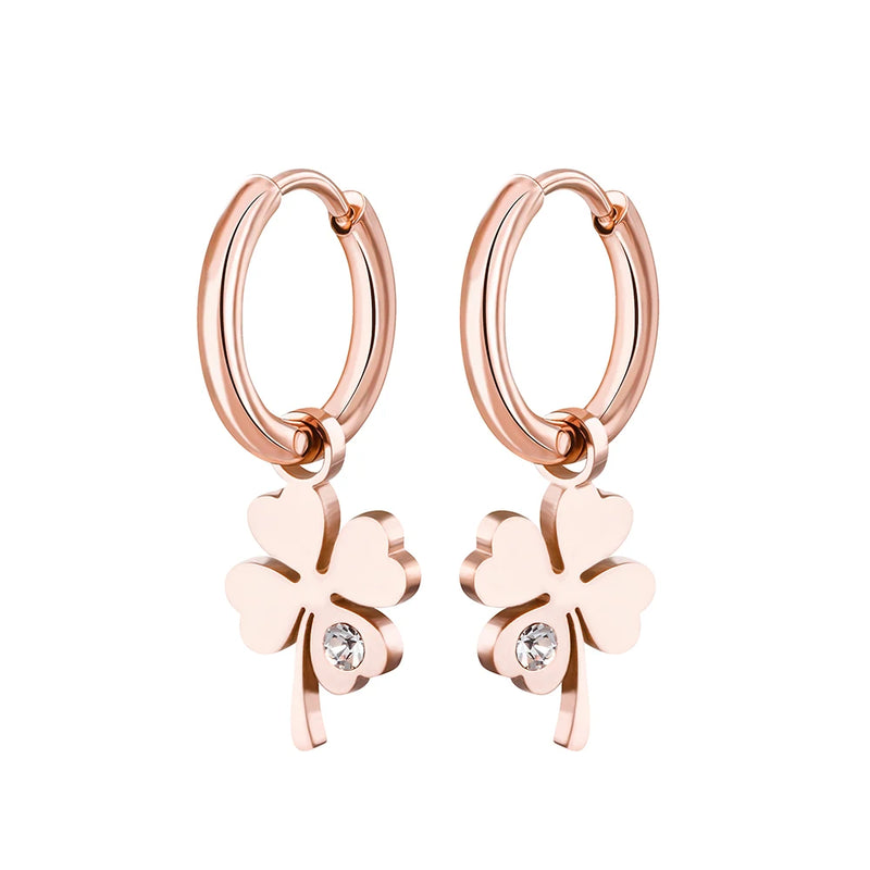 Four Leaf Clover Earrings Silver Plated Hoops Stainless Steel Jewelry