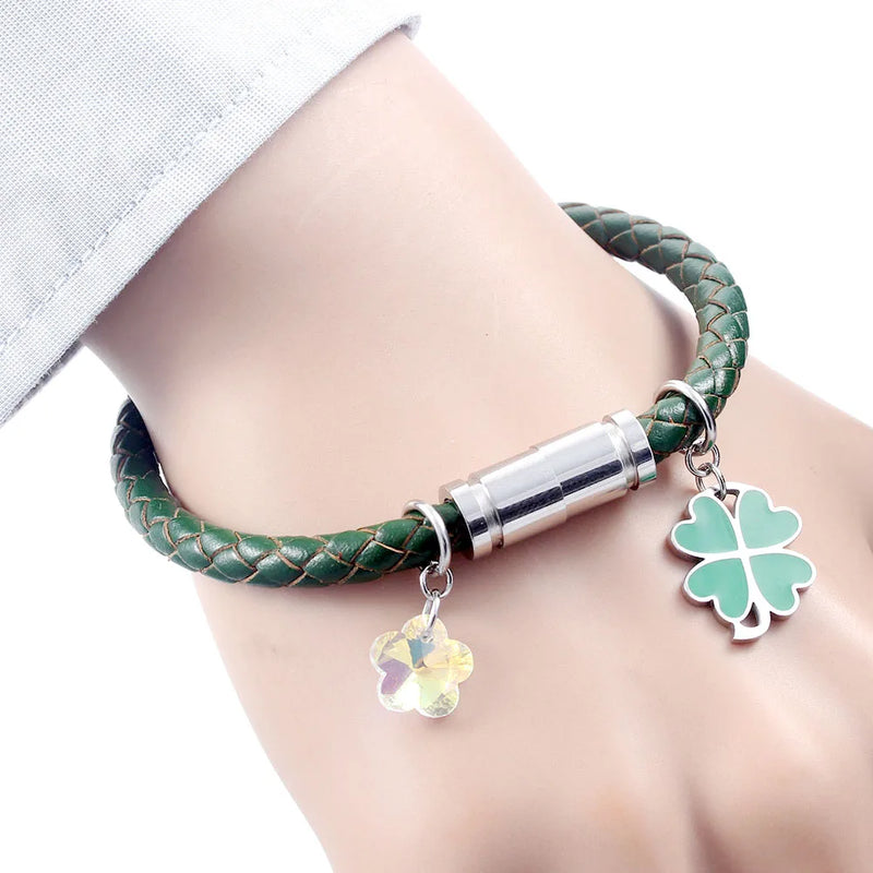 Flashing Flower Crystal Pendant Leather Bracelet