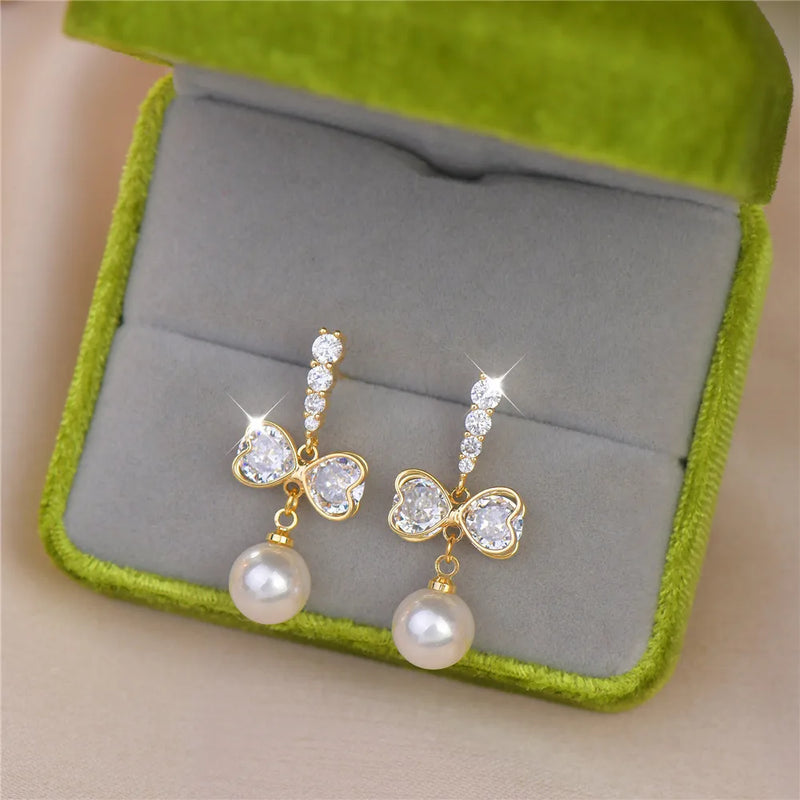 French Zircon Earrings Delicate Full Zircon Pearl Water Drop Long Earrings