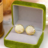 French ShinyZircon Pearl Shell Fan Shaped Earrings Women Party Jewelry
