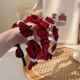 French Red Velvet Pearl Bow Hair Hoop Sweet Temperament Headband