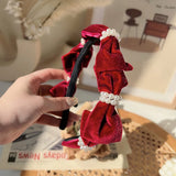 French Red Velvet Pearl Bow Hair Hoop Sweet Temperament Headband