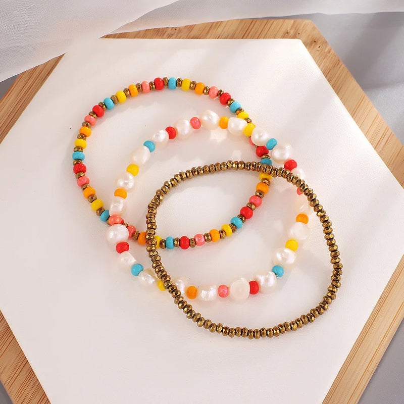 Fresh Water Pearl Seed Beads Bracelets Hematite Beaded Elastic Set 3 Pcs