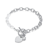 Freshwater Pearl Zircon Heart Chain Bracelet Stainless Steel