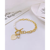 Freshwater Pearl Zircon Heart Chain Bracelet Stainless Steel