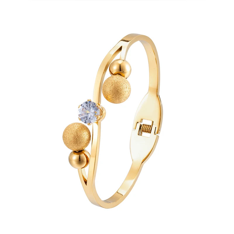 Stainless Steel CZ Ball Open Bracelet Love Wedding Bangle