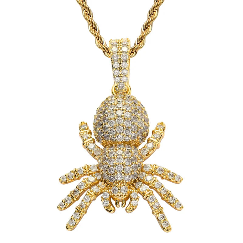 Cubic Zircon Spider Pendant Necklace Silver Hip Hop Charm Jewelry