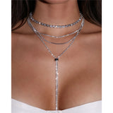 Multilayer Rhinestone Necklace Crystal Tassel Choker Party Jewelry