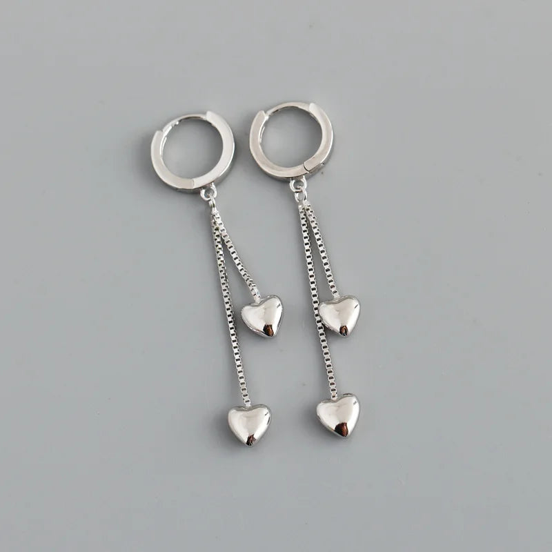 925 Silver Double Bohemian Tassel Heart Drop Earrings for Women