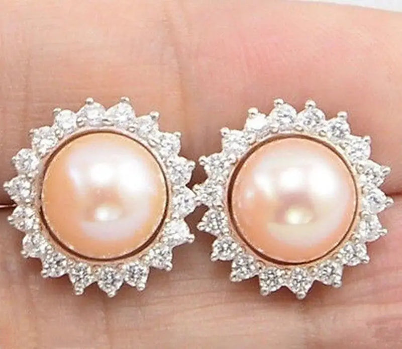 Pink Cultured Pearl Inlay Crystal Stud Earrings